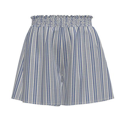 LuLaRoe Yvett Smocked Waist Shorts • Blue Ivory Vertical Variegated Stripe