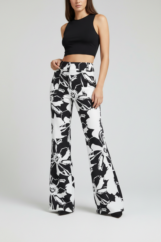 LuLaRoe Emery Wide Leg Pants • Black White Abstract Floral • Rayon Ponte