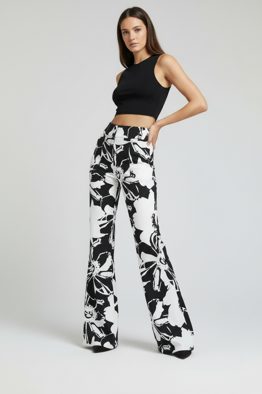 LuLaRoe Emery Wide Leg Pants • Black White Abstract Floral • Rayon Ponte
