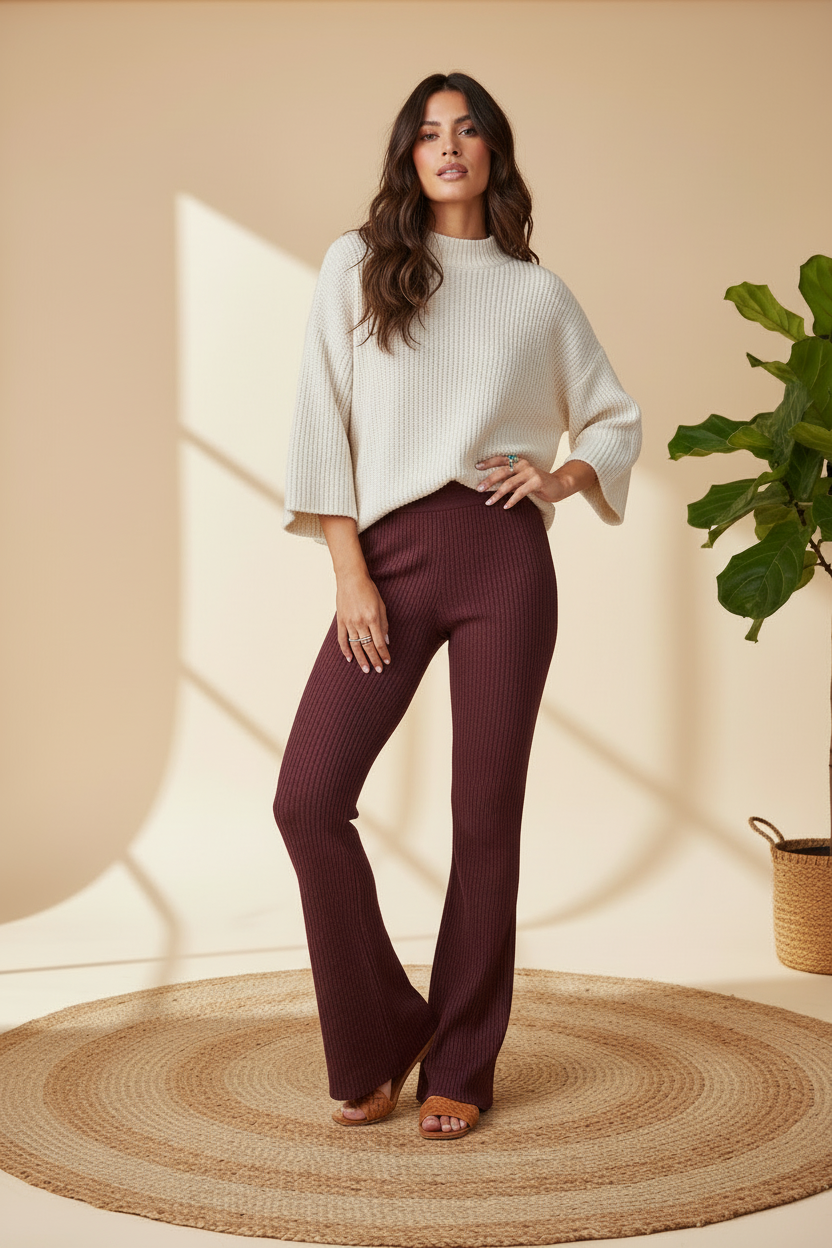 Kylie Pull on Flare Pants - Solid Windsor Wine Red