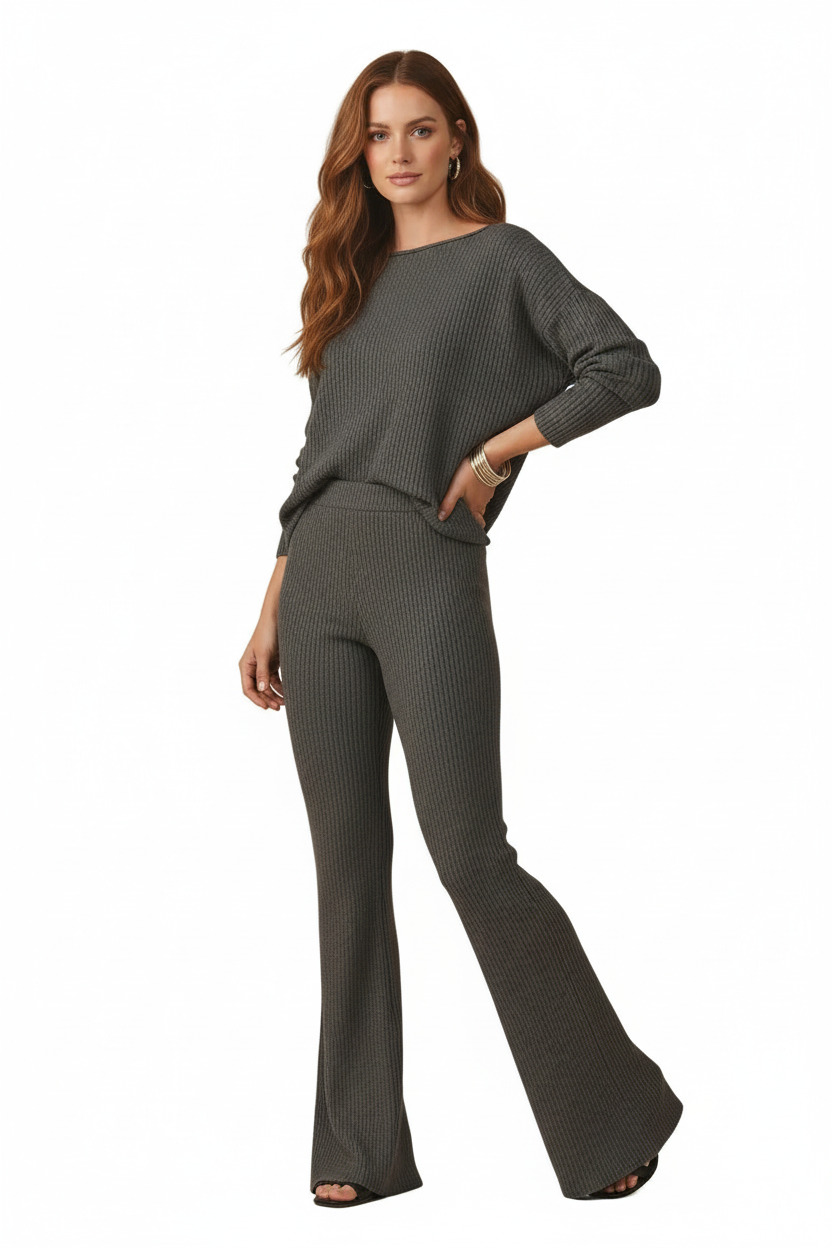 Kylie Pull on Flare Pants - Solid Pavement Charcoal Stretch Cord