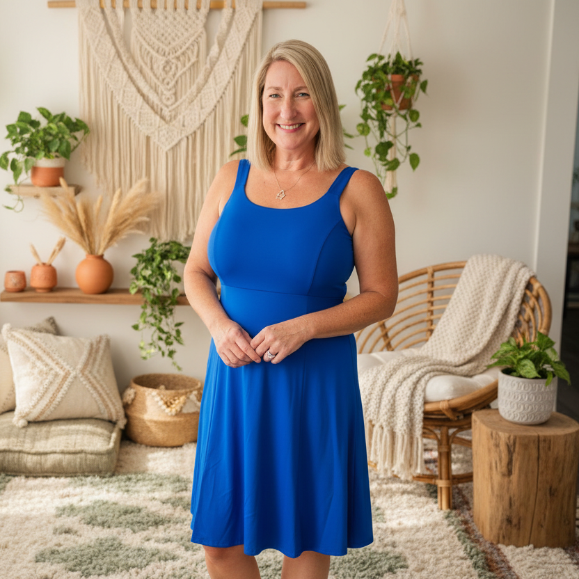 LuLaRoe Navy Cross Back Dress with Side Seam Pockets • Solid Dazzling Blue
