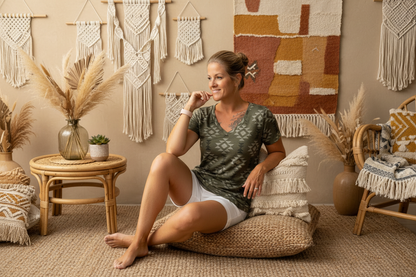 LuLaRoe • V-Neck Christy Tee • Vintage • 
Olive Aztec