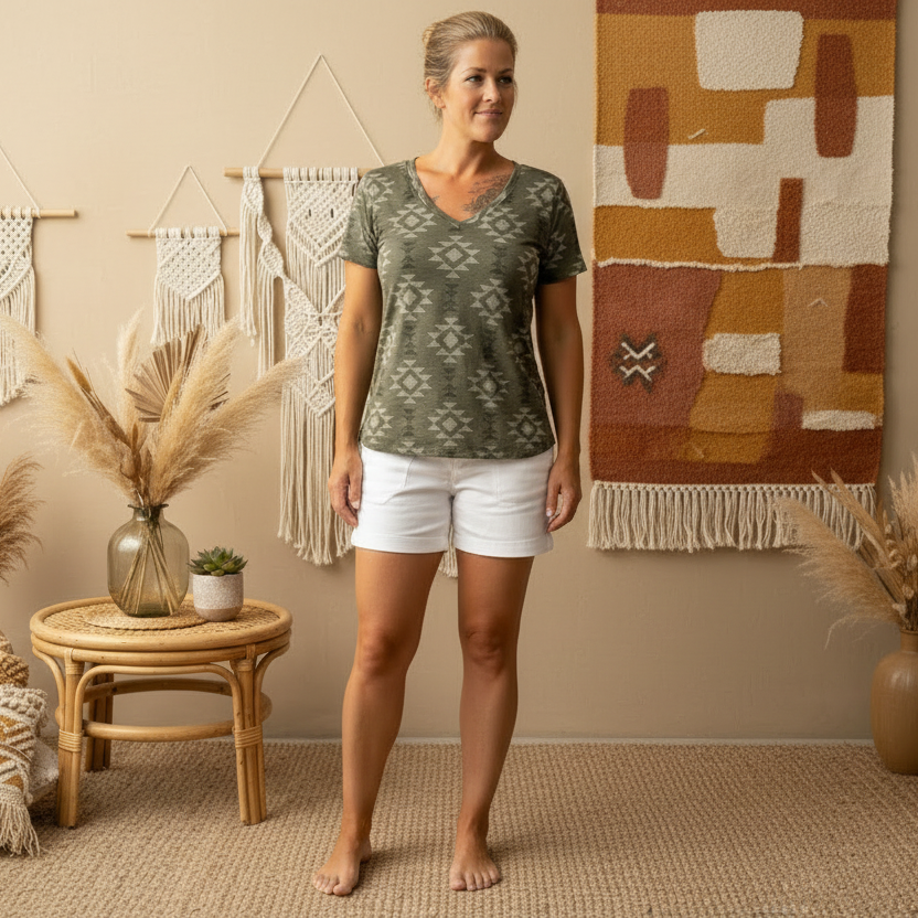 LuLaRoe • V-Neck Christy Tee • Vintage • 
Olive Aztec