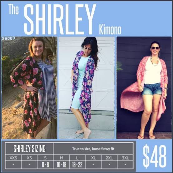 Promotional image of 'The Shirley Kimono' with models wearing it and a size chart.