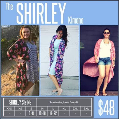 Promotional image of 'The Shirley Kimono' with models wearing it and a size chart.