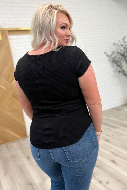 Zenana • Baby Waffle Cap Sleeve Henley in Black