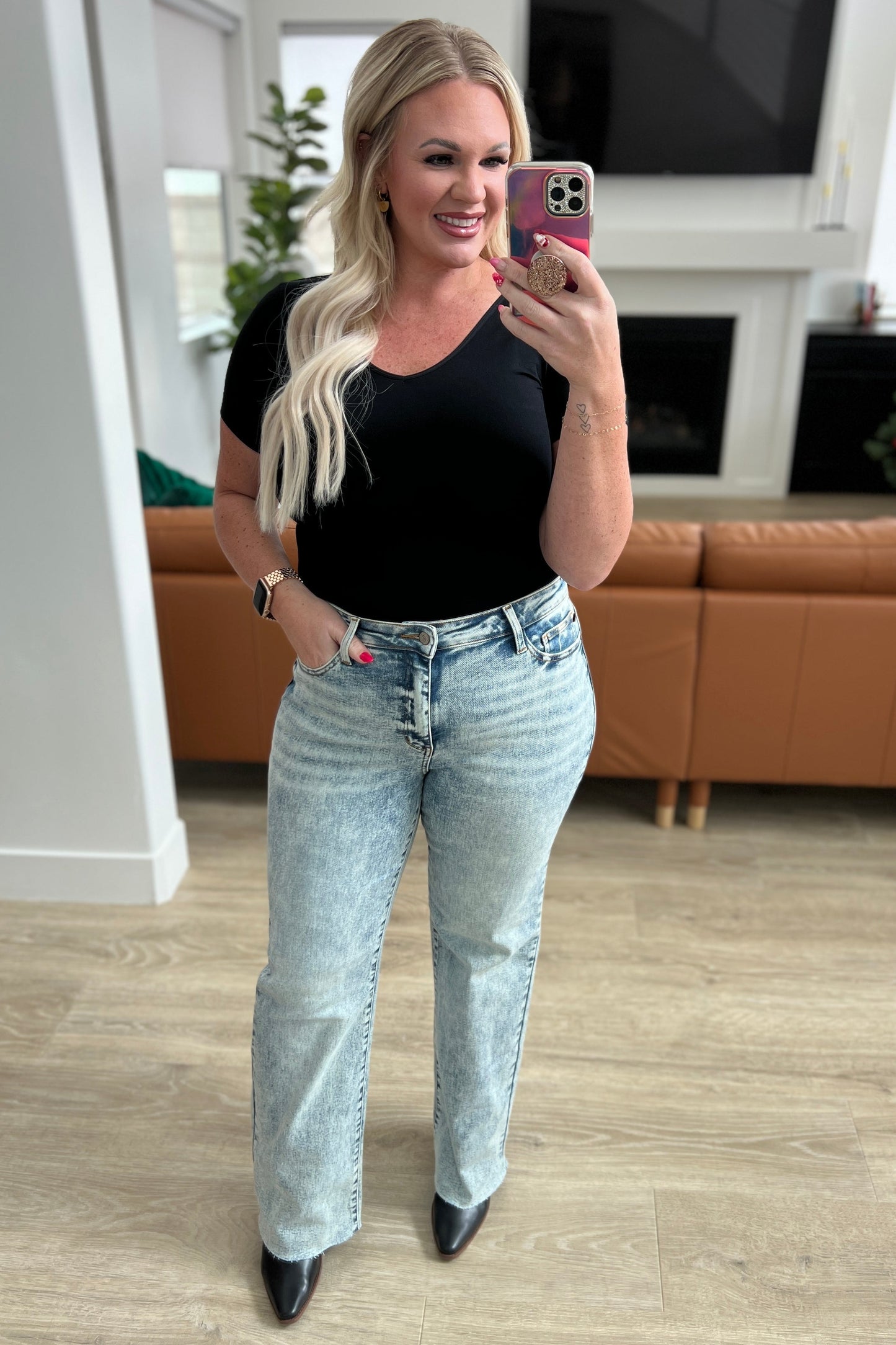 Judy Blue • Dory High Waist Mineral Wash Raw Hem Wide Leg Jeans
