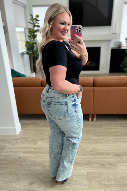 Judy Blue • Dory High Waist Mineral Wash Raw Hem Wide Leg Jeans