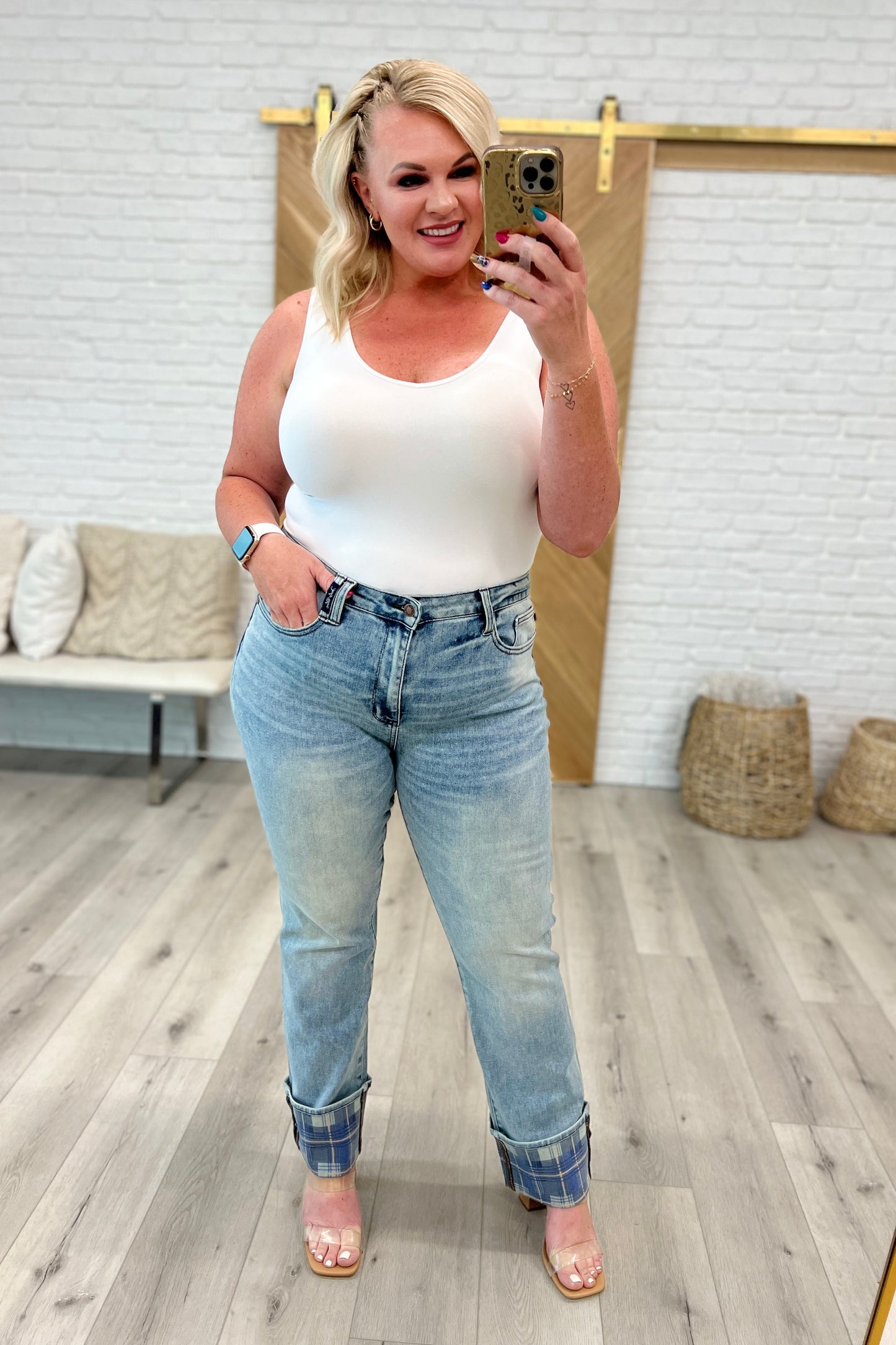 Judy Blue • Miranda High Rise Plaid Cuff Vintage Straight Jeans