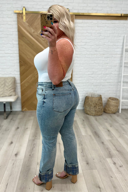 Judy Blue • Miranda High Rise Plaid Cuff Vintage Straight Jeans