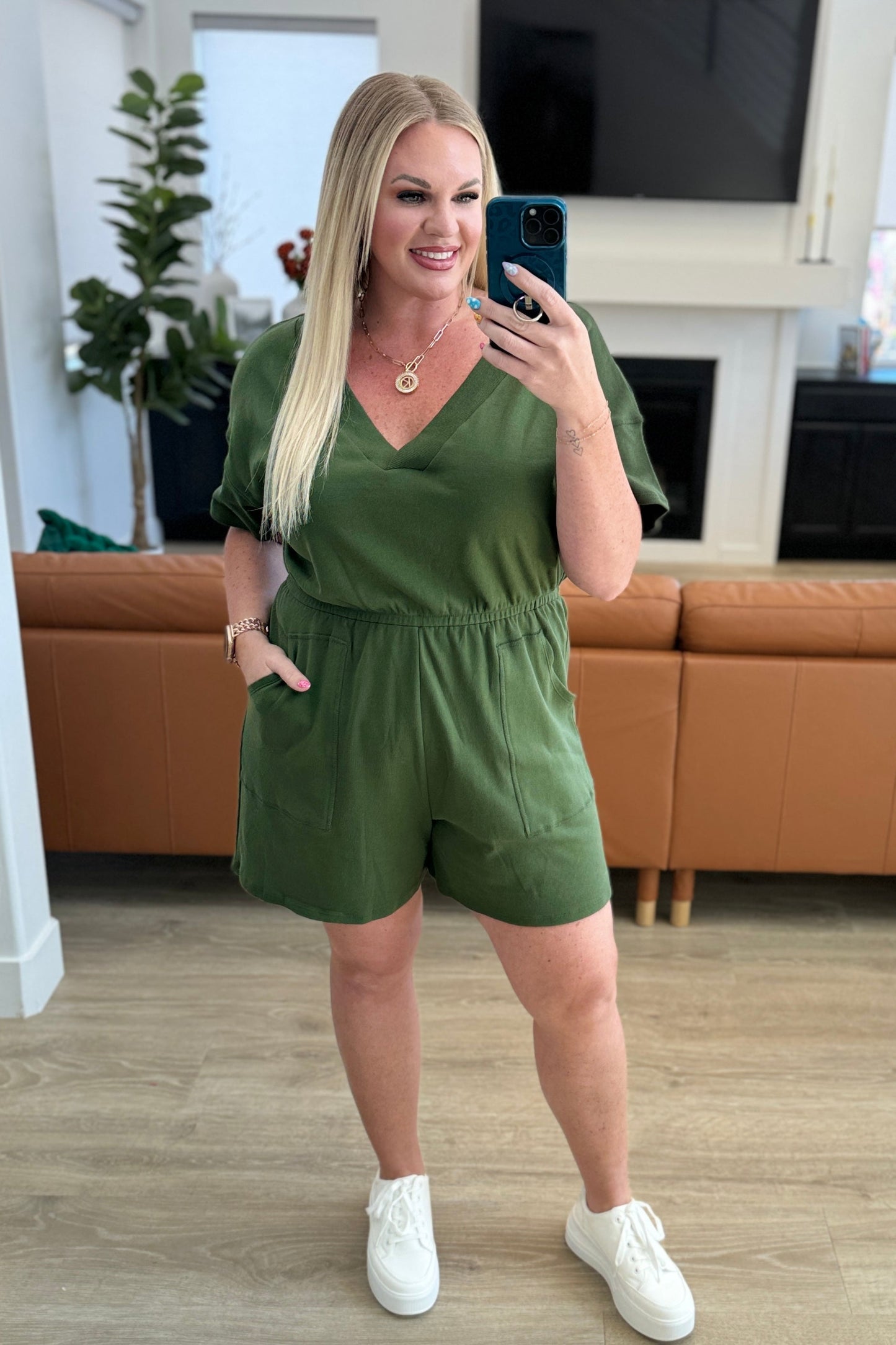 Zenana • Short Sleeve V-Neck Romper in Army Green