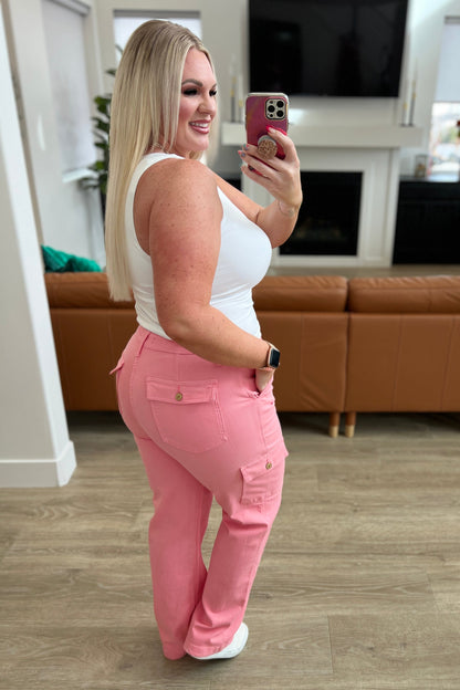 Judy Blue • Peggy • High Rise Cargo Straight Jeans in Pink