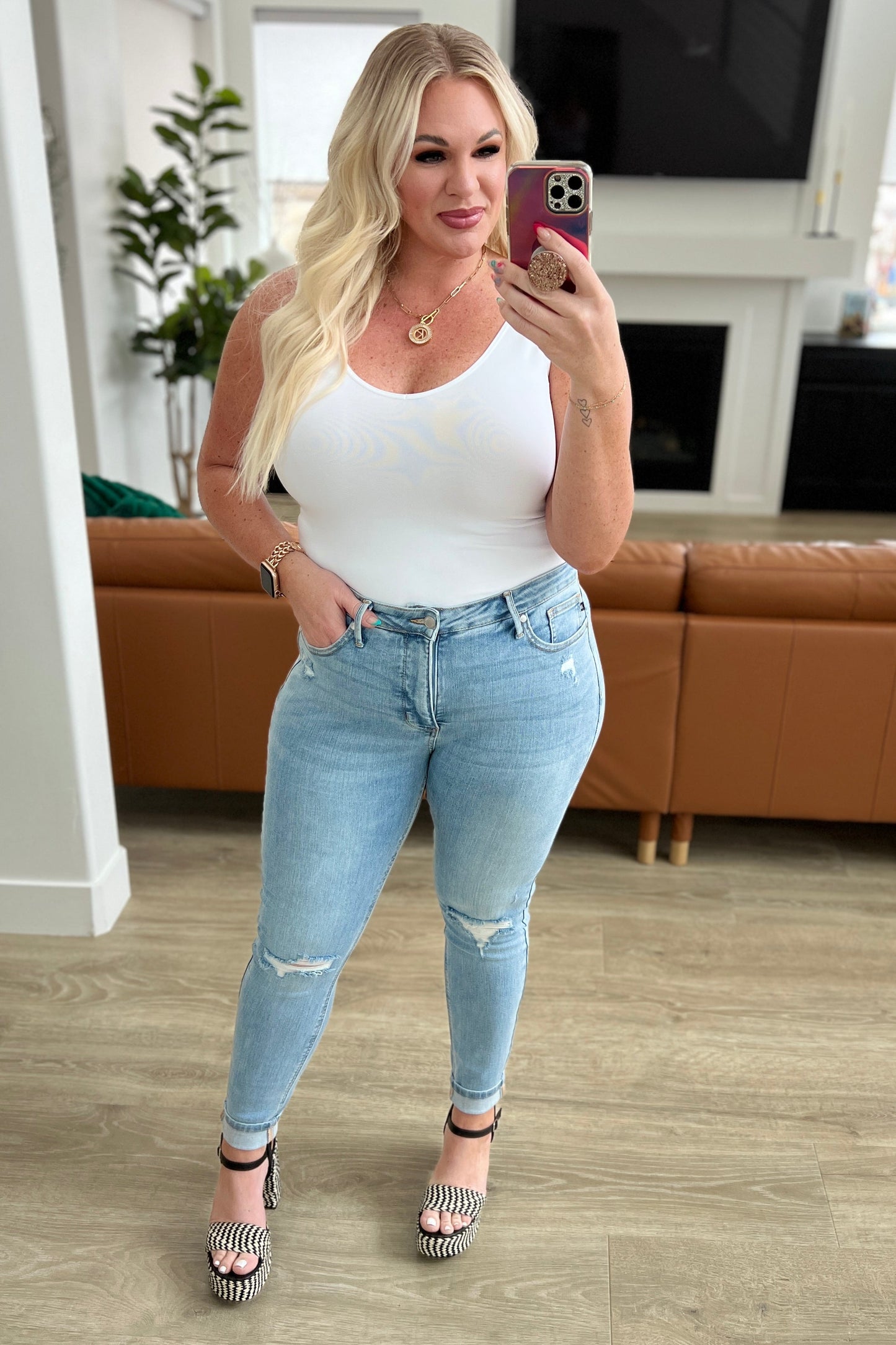 Judy Blue • Eloise • Mid Rise Control Top Distressed Skinny Jeans