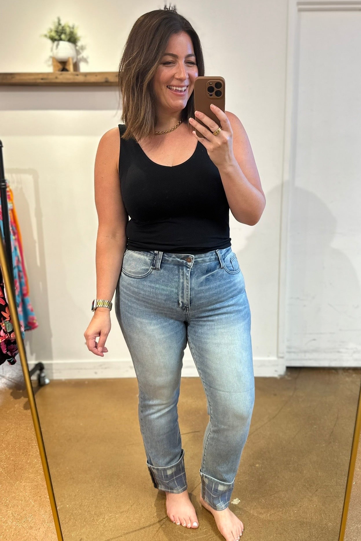 Judy Blue • Miranda High Rise Plaid Cuff Vintage Straight Jeans