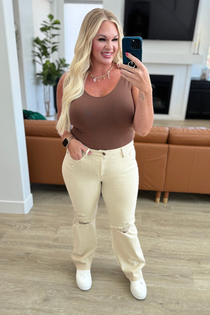 Judy Blue • Selena • High Rise Distressed 90's Straight Jeans in Bone