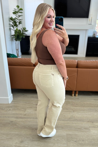 Judy Blue • Selena • High Rise Distressed 90's Straight Jeans in Bone