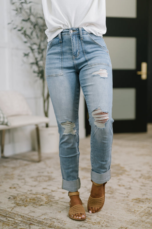Judy Blue • Aiden • High Rise Patch Pocket Distressed Boyfriend Jeans