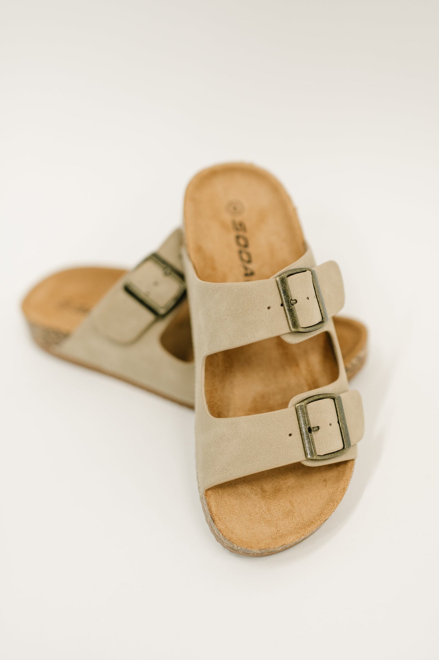 Soda • Jete Nubuck Double Buckle Slides in Light Taupe