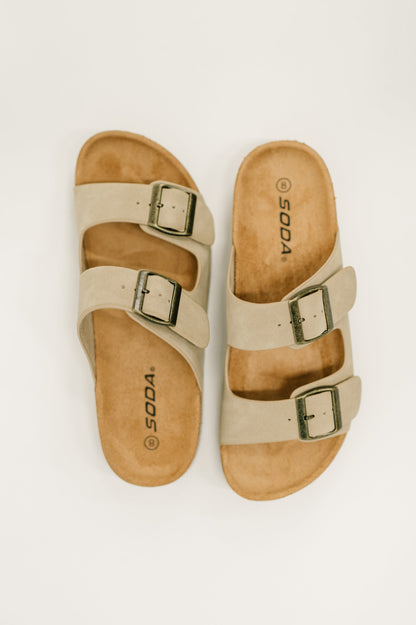 Soda • Jete Nubuck Double Buckle Slides in Light Taupe