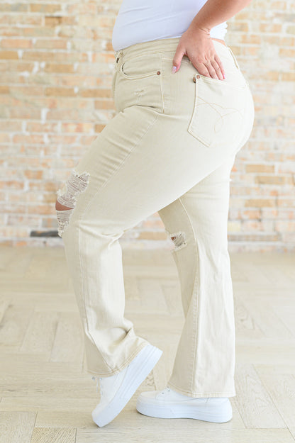 Judy Blue • Selena • High Rise Distressed 90's Straight Jeans in Bone