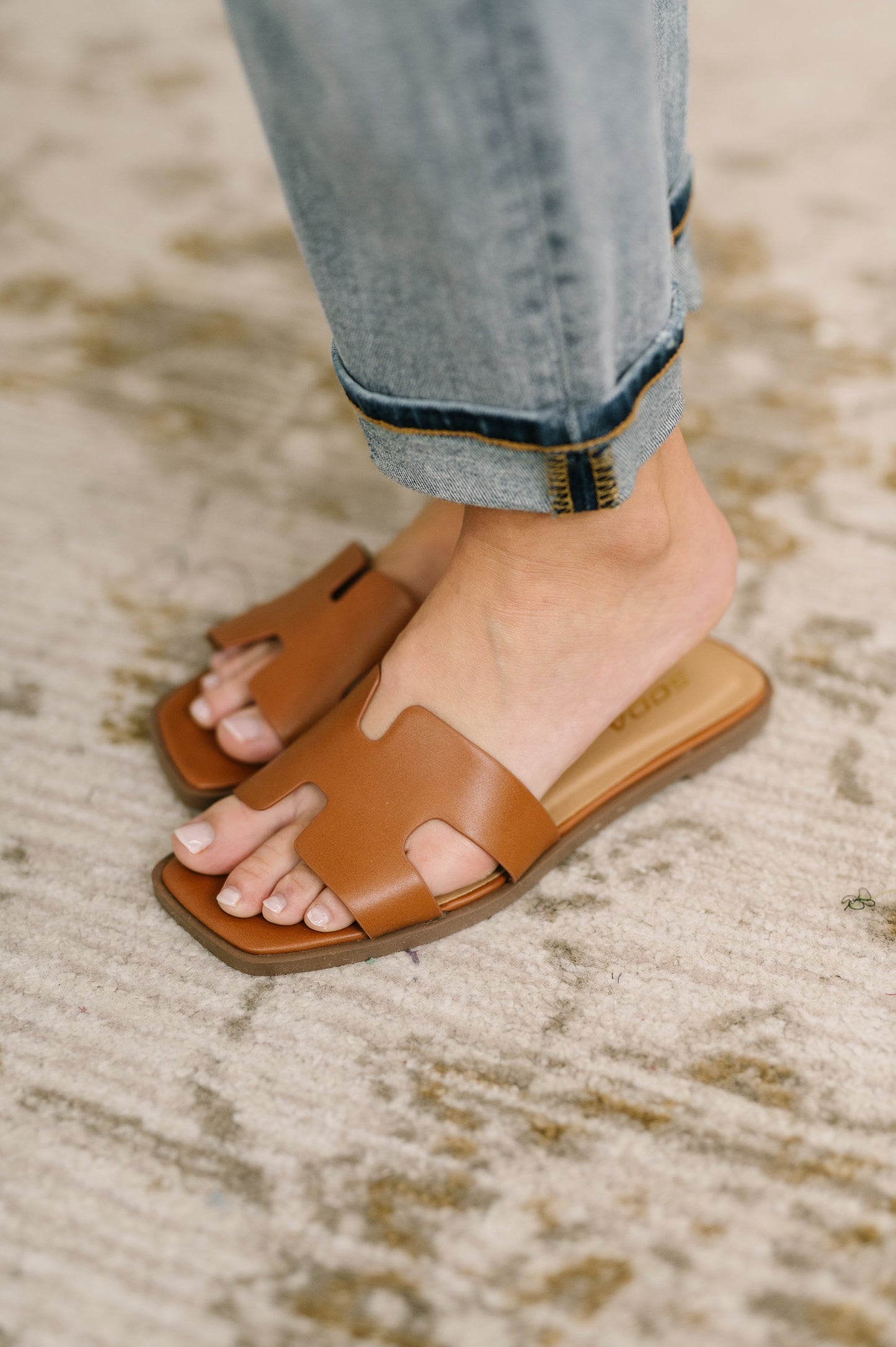 Soda • Knit Square Toe Slide on Sandal in Cognac