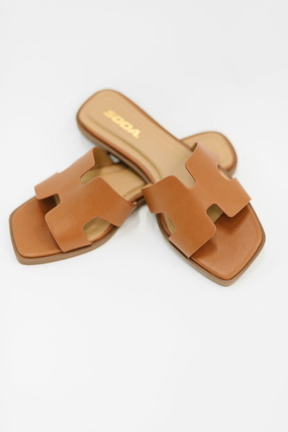 Soda • Knit Square Toe Slide on Sandal in Cognac