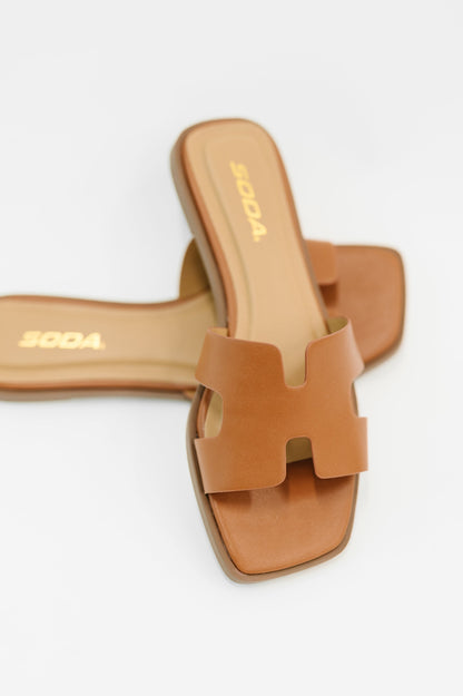 Soda • Knit Square Toe Slide on Sandal in Cognac