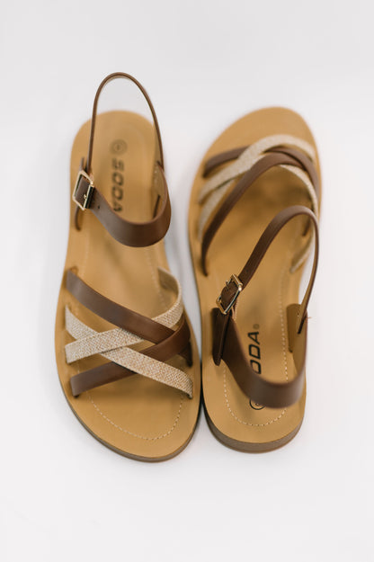 Soda • Lev Round Toe Ankle Strap Sandals in Tan