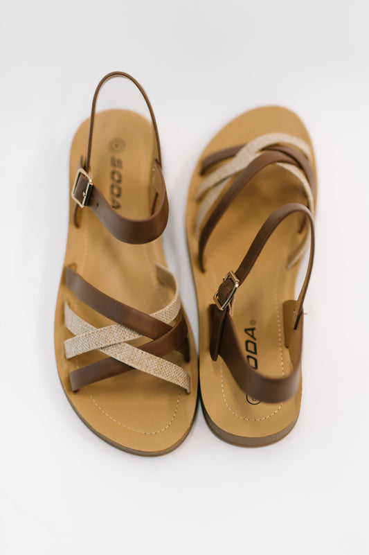 Soda • Lev Round Toe Ankle Strap Sandals in Tan