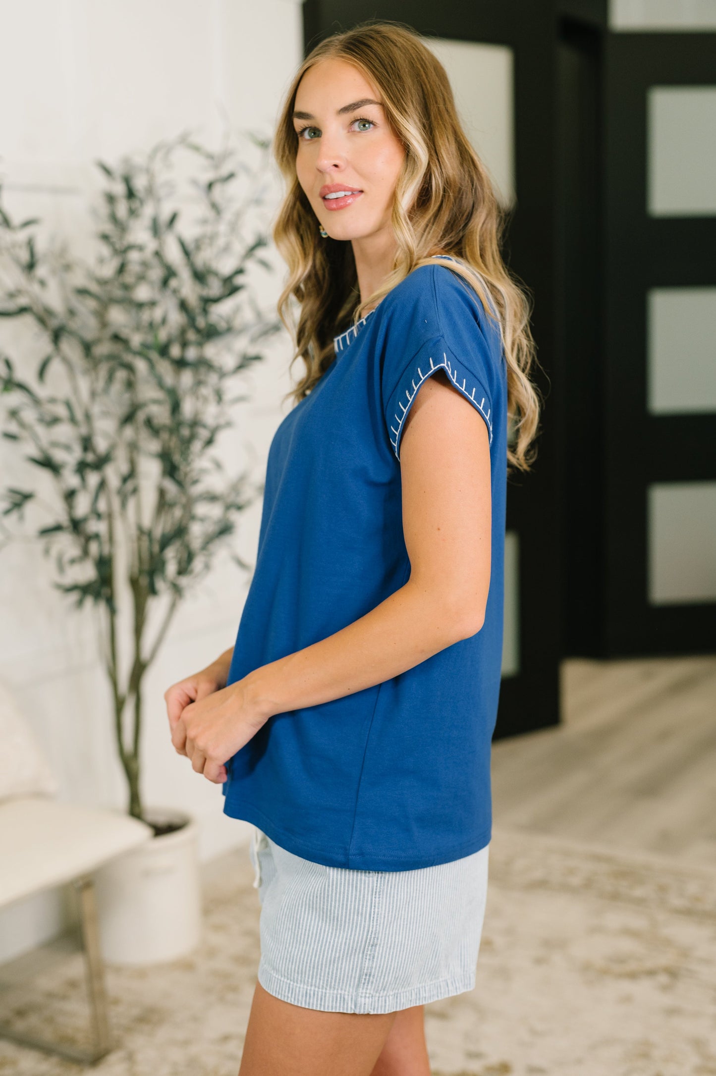 Little Details 100% Cotton • Trim Detail Top in Blue