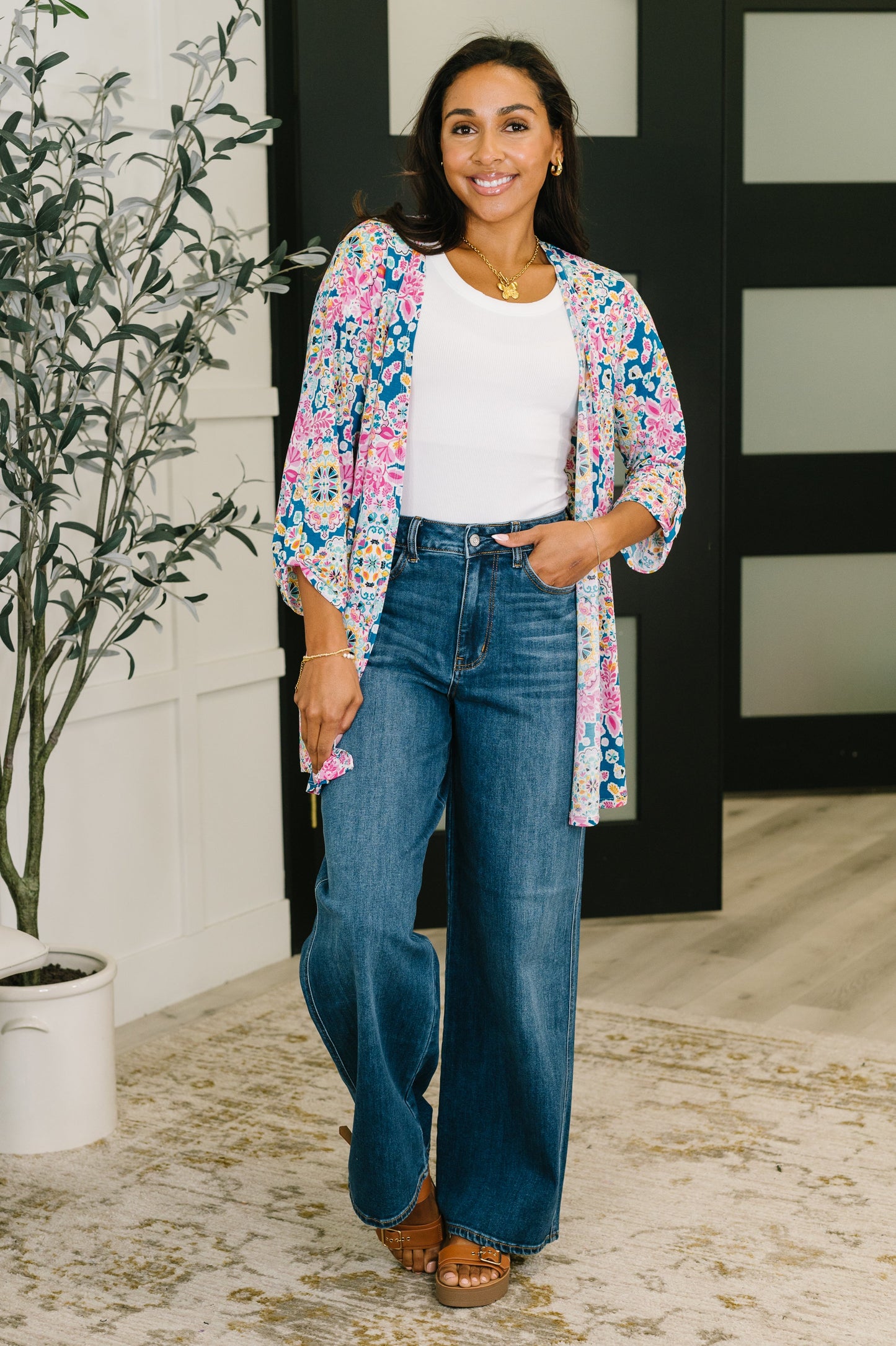 Dear Scarlett • Lizzy Cardigan in Teal and Pink Floral Abstract
