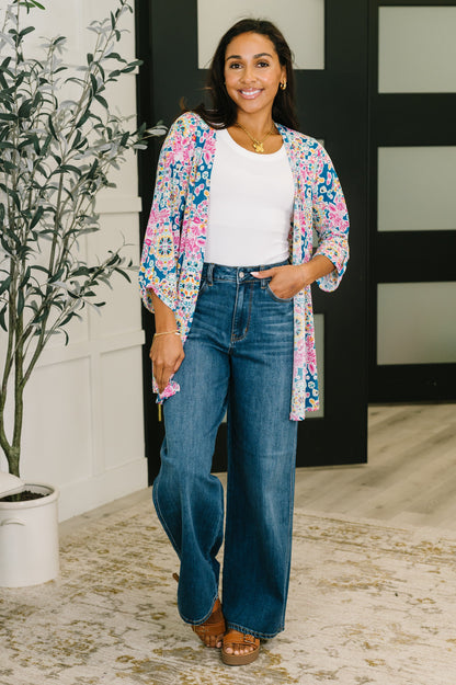 Dear Scarlett • Lizzy Cardigan in Teal and Pink Floral Abstract