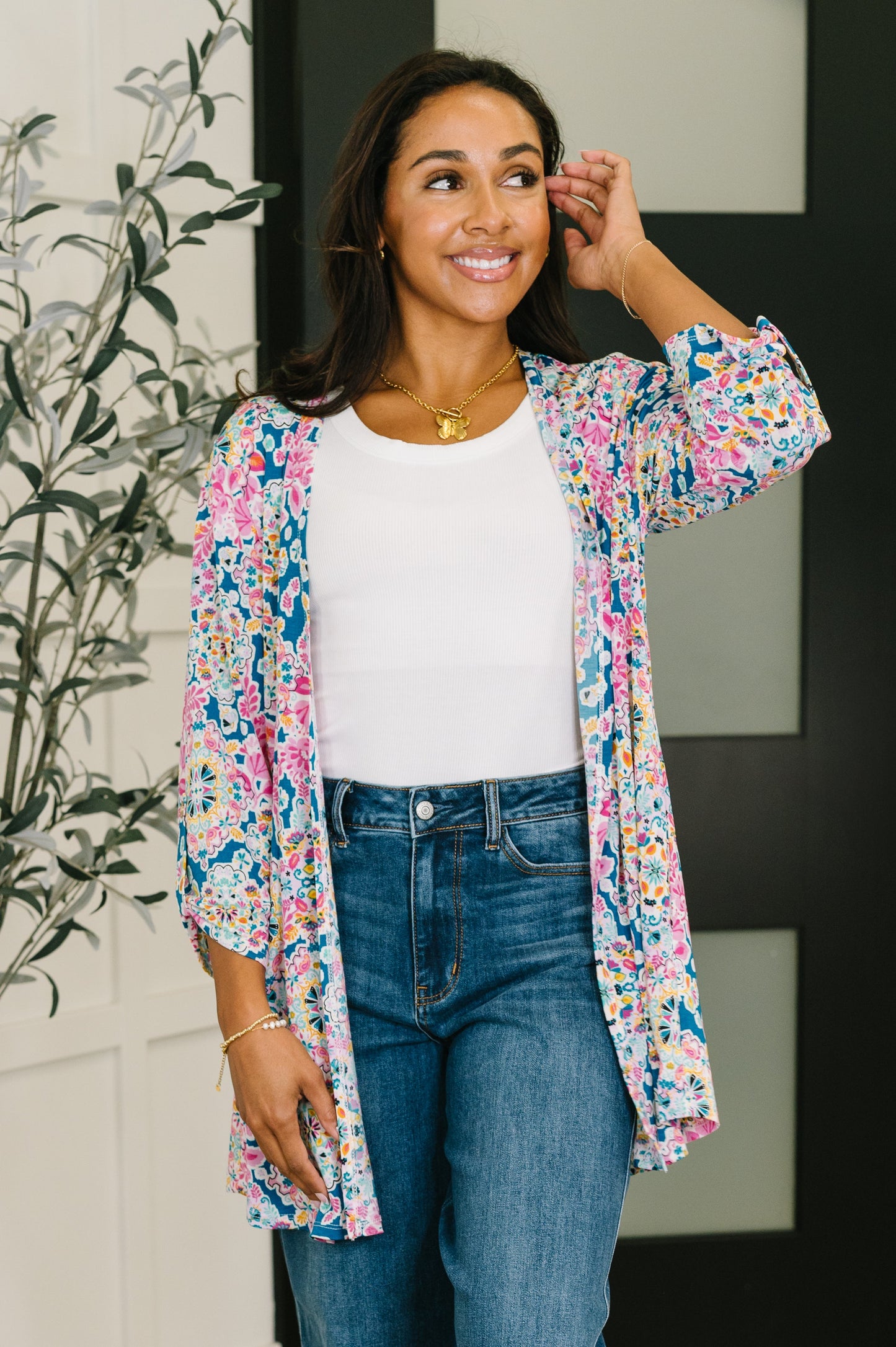Dear Scarlett • Lizzy Cardigan in Teal and Pink Floral Abstract