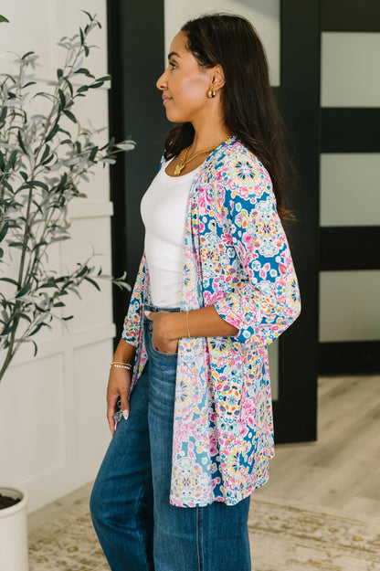 Dear Scarlett • Lizzy Cardigan in Teal and Pink Floral Abstract