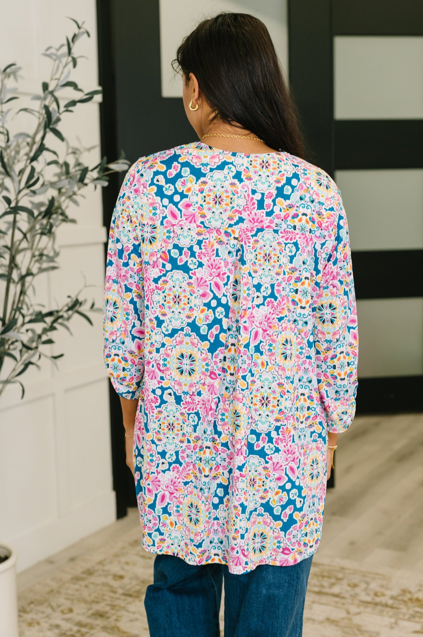 Dear Scarlett • Lizzy Cardigan in Teal and Pink Floral Abstract