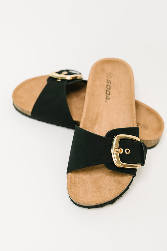 Soda • Lizzy Slip On Buckle Strap Sandal in Black