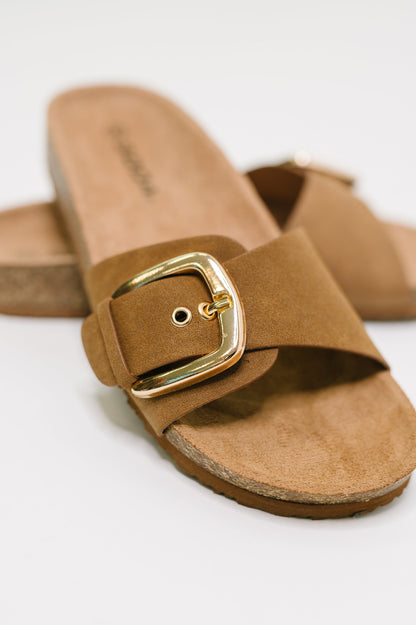 Soda • Lizzy • Slip On Buckle Strap Sandal in Tan