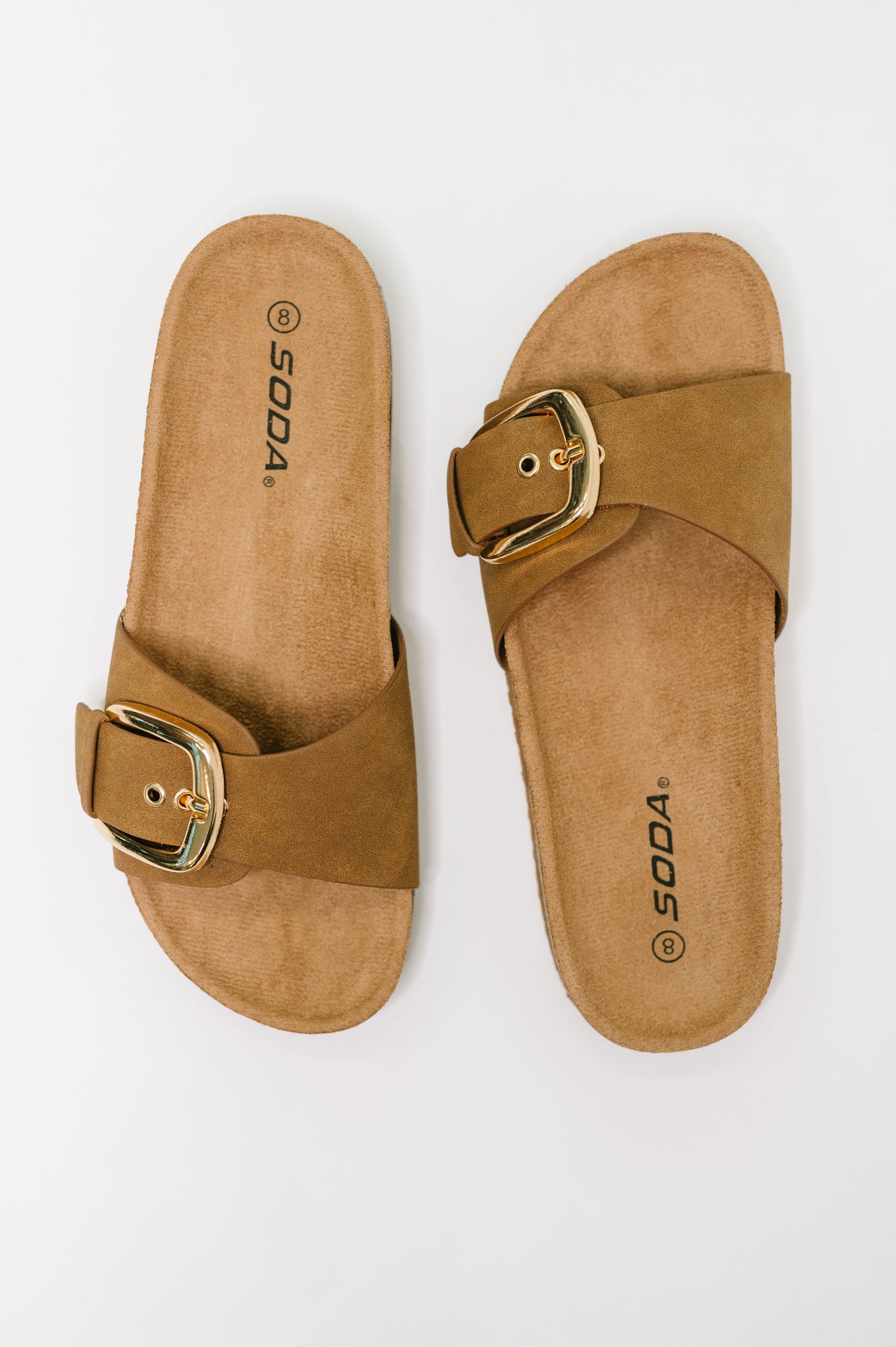 Soda • Lizzy • Slip On Buckle Strap Sandal in Tan