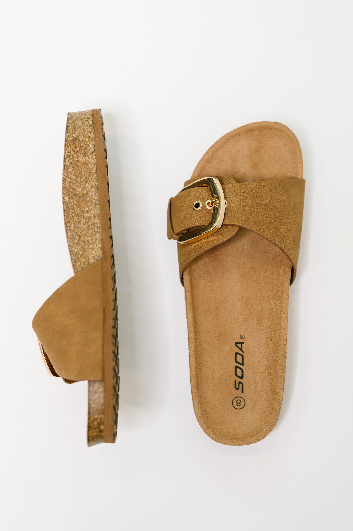 Soda • Lizzy • Slip On Buckle Strap Sandal in Tan