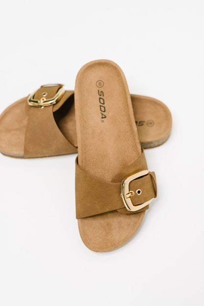 Soda • Lizzy • Slip On Buckle Strap Sandal in Tan