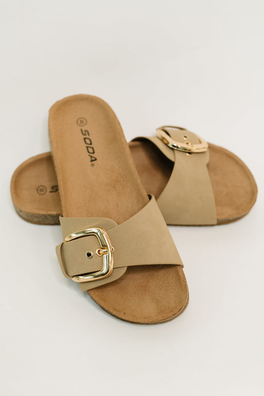 Soda • Lizzy Slip on Buckle Strap Sandal in Taupe