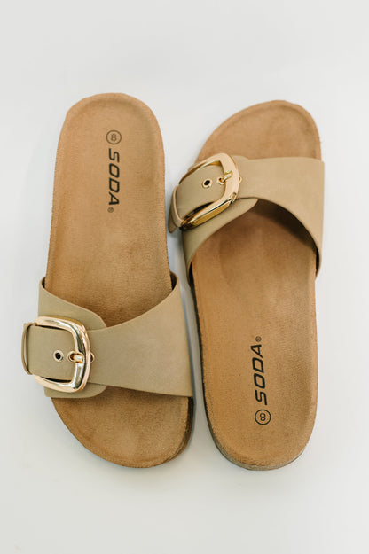 Soda • Lizzy Slip on Buckle Strap Sandal in Taupe