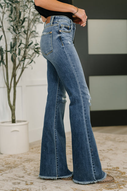 Judy Blue • Marion • Mid Rise Button Fly Flare with Destroy Fray Hem