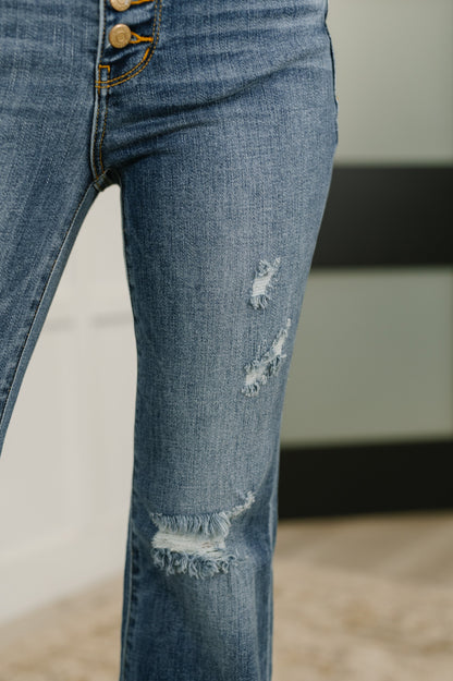 Judy Blue • Marion • Mid Rise Button Fly Flare with Destroy Fray Hem