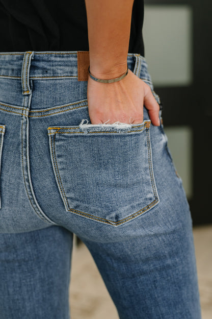Judy Blue • Marion • Mid Rise Button Fly Flare with Destroy Fray Hem