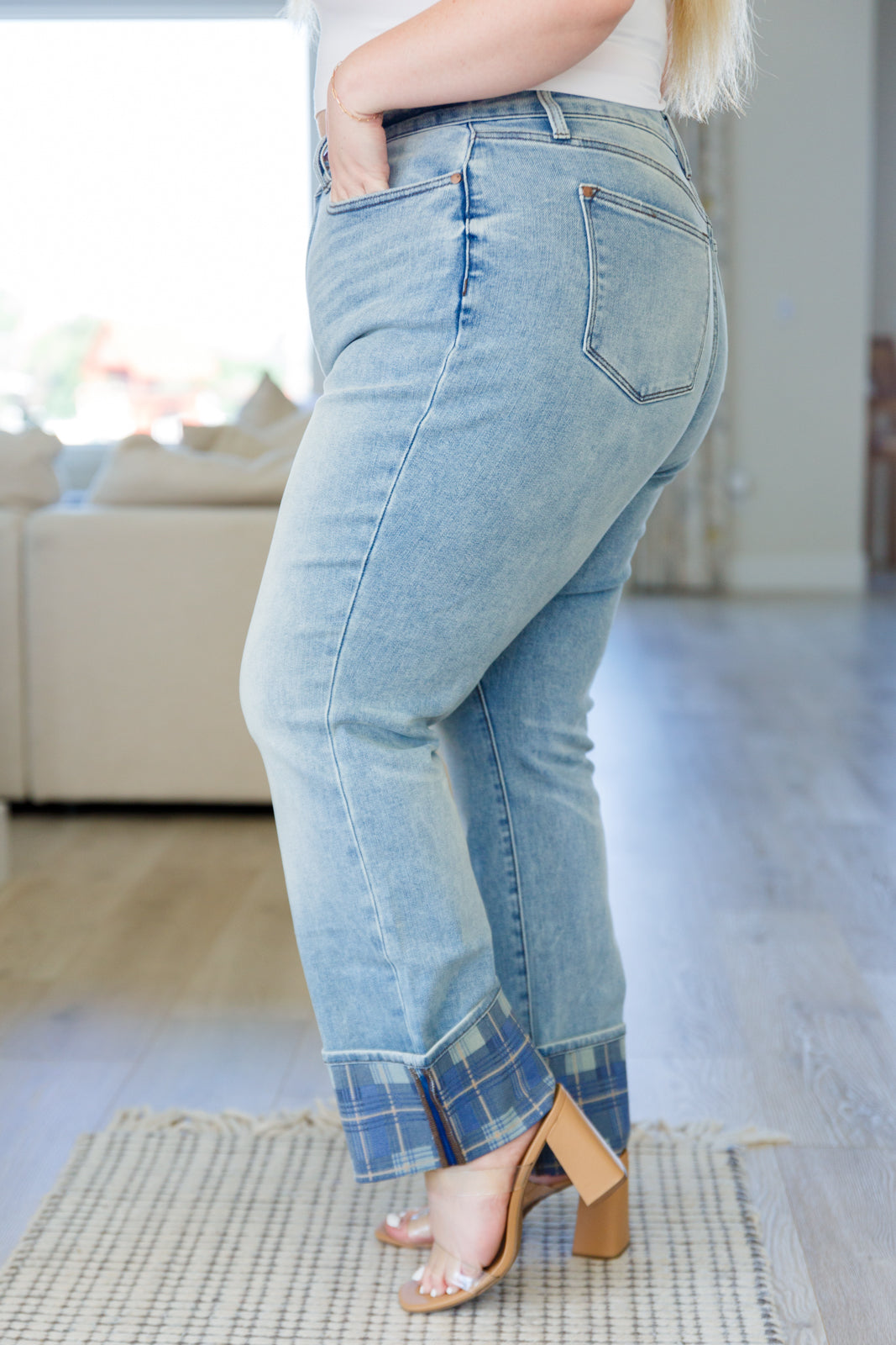 Judy Blue • Miranda High Rise Plaid Cuff Vintage Straight Jeans