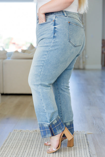 Judy Blue • Miranda High Rise Plaid Cuff Vintage Straight Jeans
