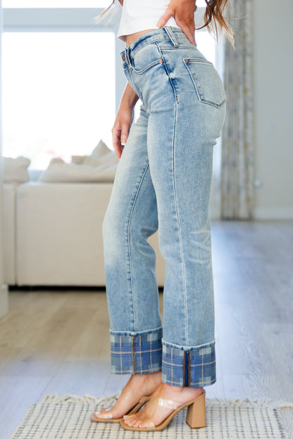 Judy Blue • Miranda High Rise Plaid Cuff Vintage Straight Jeans