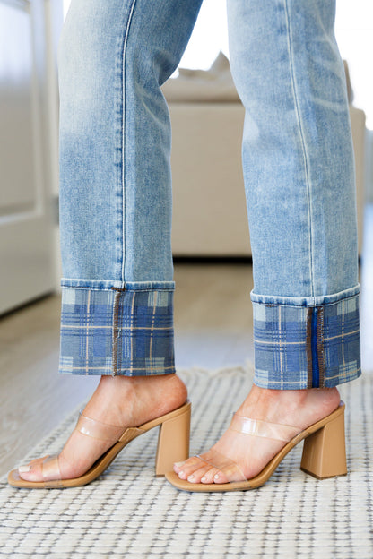 Judy Blue • Miranda High Rise Plaid Cuff Vintage Straight Jeans